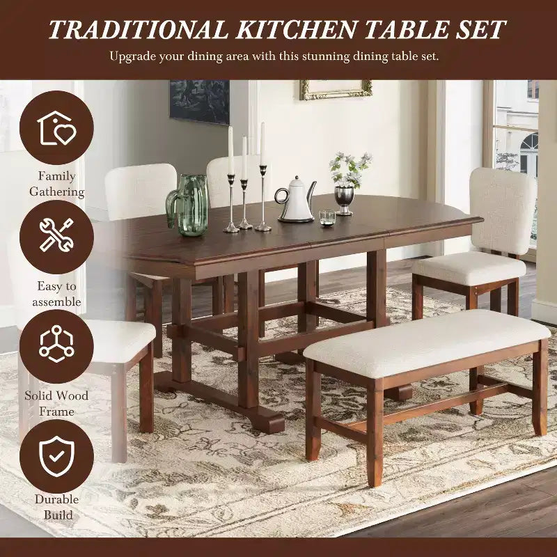 Ensemble table à manger extensible en bois avec banc, ensemble de table de cuisine 6 pièces avec rallonge amovible et 4 chaises de salle à manger rembourrées, beige, expresso