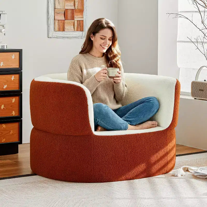 ATJafurn 39.4 Pouf Poire Rond sans Armature Orange Fauteuil Une Place Sans Montage Requis, Canapé en Fausse Peau de Mouton avec Assise Profonde pour Balcon Salon