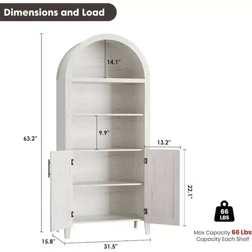 63.2 Tall Arched Cabinet,Arched Kitchen Pantry Cabinet,5-Tier Open Display Shelf with Adjustable Shelf,Wooden Pantry,Farmhouse Bookcase