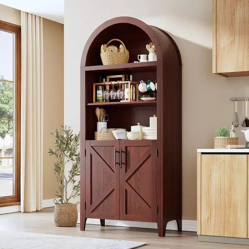 63.2 Tall Arched Cabinet,Arched Kitchen Pantry Cabinet,5-Tier Open Display Shelf with Adjustable Shelf,Wooden Pantry,Farmhouse Bookcase