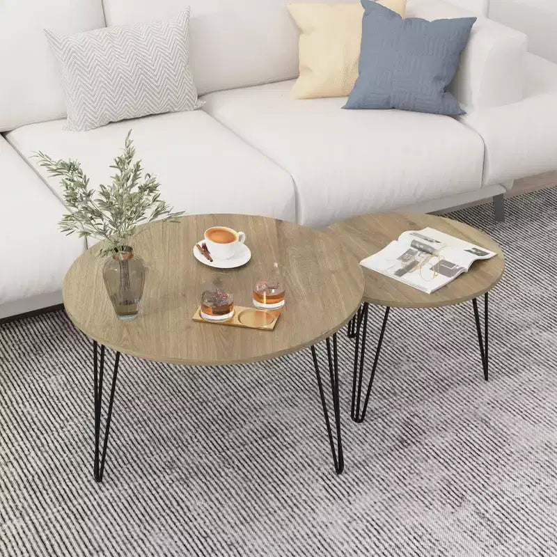 Lot de 2 tables basses gigognes rondes de 70 cm, plateaux aspect bois marron rustique, piètement en métal robuste, tables d'appoint peu encombrantes