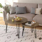 Lot de 2 tables basses gigognes rondes de 70 cm, plateaux aspect bois marron rustique, piètement en métal robuste, tables d'appoint peu encombrantes