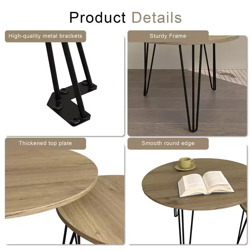 Lot de 2 tables basses gigognes rondes de 70 cm, plateaux aspect bois marron rustique, piètement en métal robuste, tables d'appoint peu encombrantes