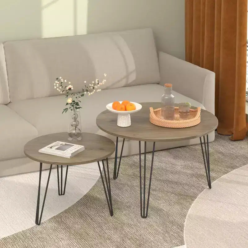 Lot de 2 tables basses gigognes rondes de 70 cm, plateaux aspect bois marron rustique, piètement en métal robuste, tables d'appoint peu encombrantes