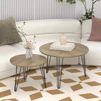 Lot de 2 tables basses gigognes rondes de 70 cm, plateaux aspect bois marron rustique, piètement en métal robuste, tables d'appoint peu encombrantes