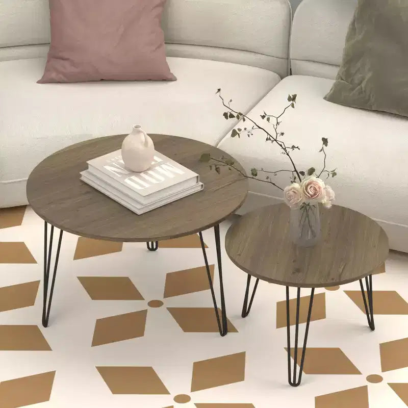 Lot de 2 tables basses gigognes rondes de 70 cm, plateaux aspect bois marron rustique, piètement en métal robuste, tables d'appoint peu encombrantes