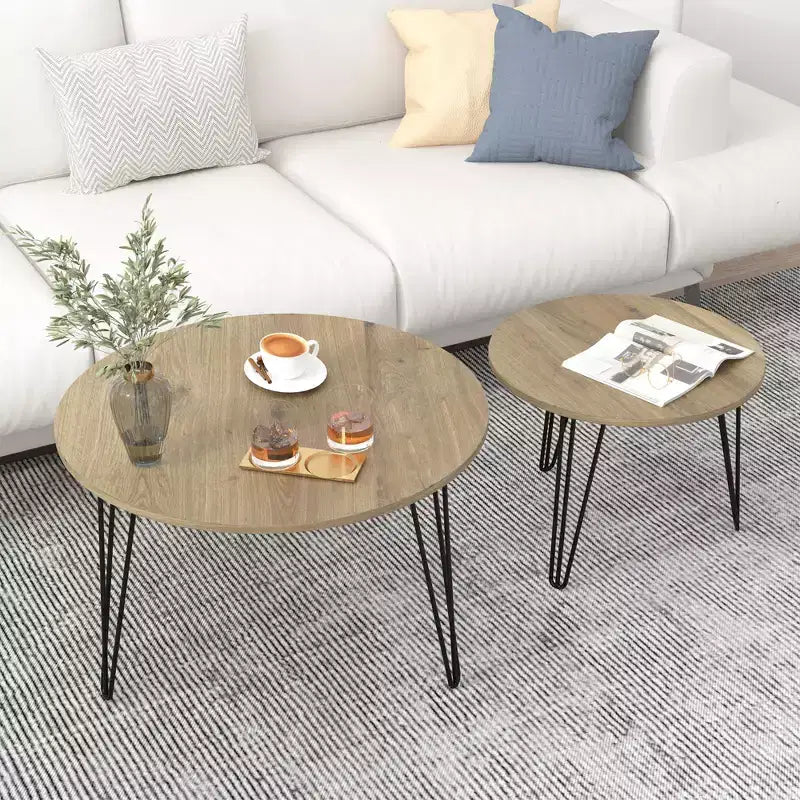 Lot de 2 tables basses gigognes rondes de 70 cm, plateaux aspect bois marron rustique, piètement en métal robuste, tables d'appoint peu encombrantes