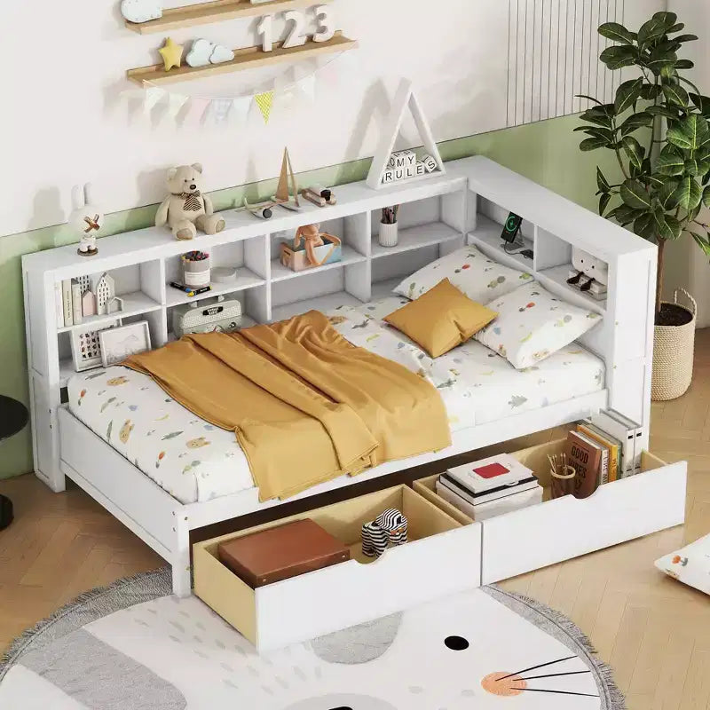 Lit simple MAYEERTY avec 2 tiroirs, étagère de rangement et ports pour chambre à coucher, Blanc