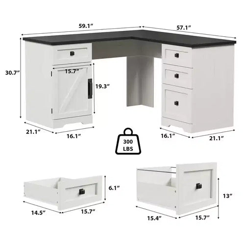 Bureau de direction d'angle en L style ferme de 60 pouces avec tiroir classeur, meuble de rangement et étagère réglable