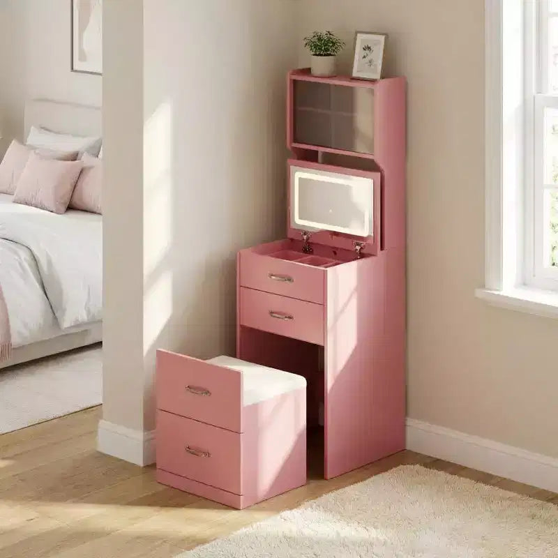 Coiffeuse 3 en 1 avec 3 couleurs de lumière, ensemble de coiffeuse compact avec 2 prises CA et USB, table de maquillage avec tiroirs