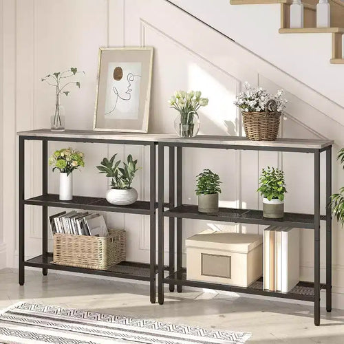 ACOINEL 29.5 Narrow Console Table, 3-Tier Entryway/Sofa Side Table with Storage Shelves, Greige & Black Thin Display Table