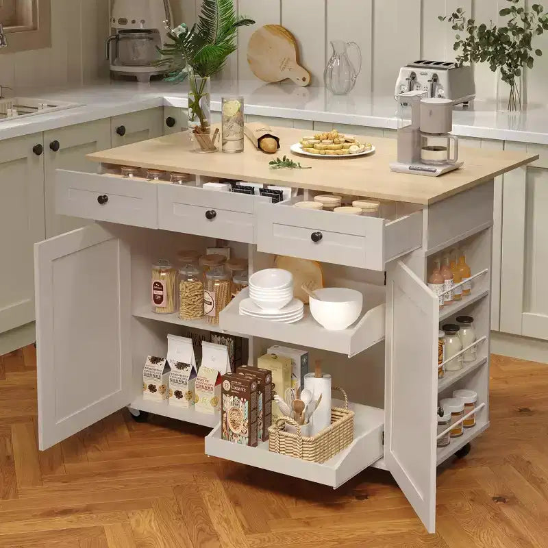 Îlot de cuisine mobile de 120 cm avec plan de travail à abattant, station de recharge, desserte de cuisine roulante avec étagères coulissantes, tiroirs, porte-épices