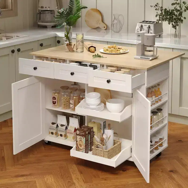 Îlot de cuisine mobile de 120 cm avec plan de travail à abattant, station de recharge, desserte de cuisine roulante avec étagères coulissantes, tiroirs, porte-épices