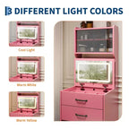 COZONY Coiffeuse 3-en-1 avec LED 3 Couleurs, Table de Maquillage avec Tiroirs et Portes en Acrylique, Ensemble de Maquillage Compact avec 2 Prises CA et USB, Table de Chevet