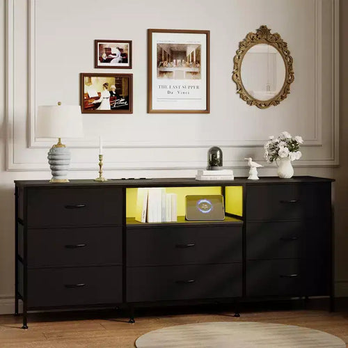 63 Media Console with 8 Fabric Drawers, Steel Frame TV Stand for Up to 75 Inch TVs, Storage Dresser for Living Room or Bedroom