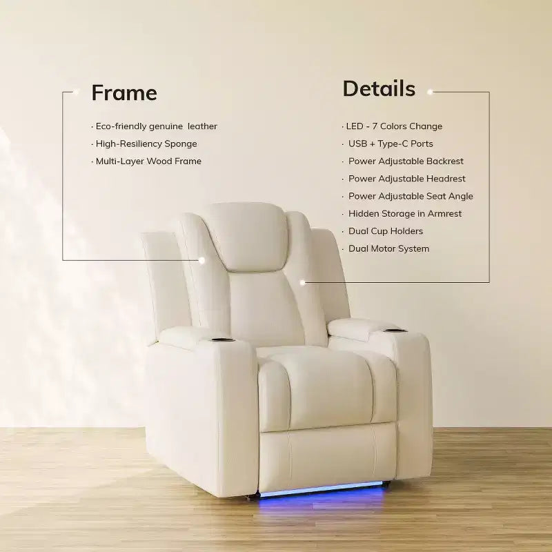 Fauteuil inclinable électrique avec LED 7 couleurs, cuir véritable, double moteur et rangement dissimulé pour salon, bureau ou chambre