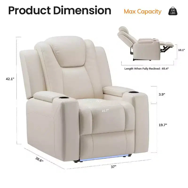 Fauteuil inclinable électrique avec LED 7 couleurs, cuir véritable, double moteur et rangement dissimulé pour salon, bureau ou chambre
