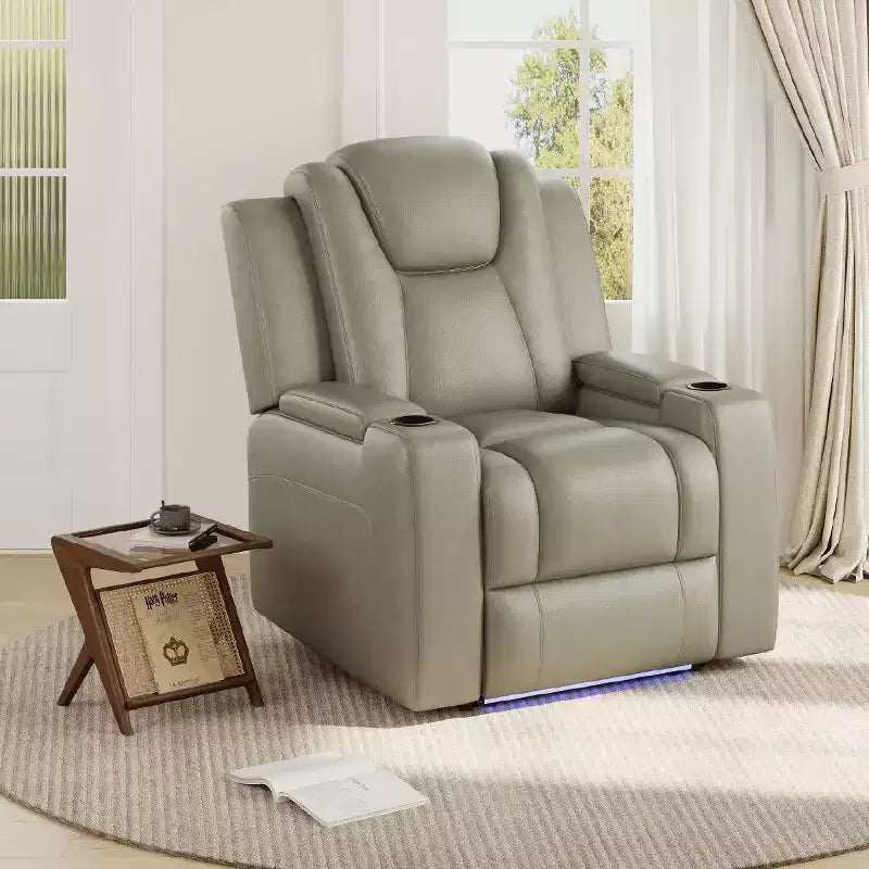 Fauteuil inclinable électrique avec LED 7 couleurs, cuir véritable, double moteur et rangement dissimulé pour salon, bureau ou chambre