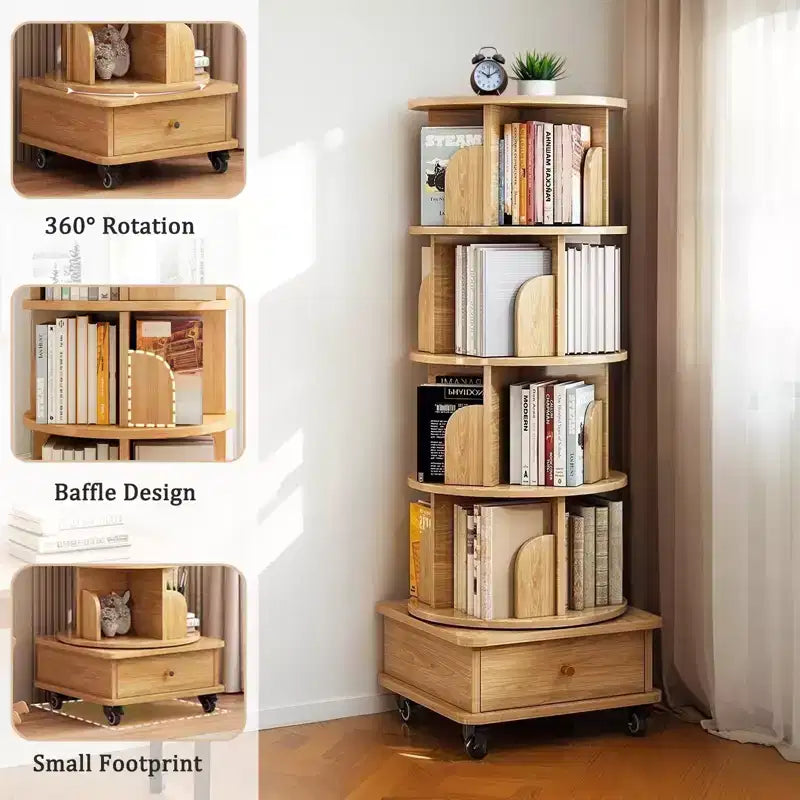 Étagère à Livres Rotative à 360° à 5 Niveaux, Couleur Bois Structure Robuste, Gain de Place pour Petits Coins, pour Chambre/Salon/Bureau/Bureau à Domicile