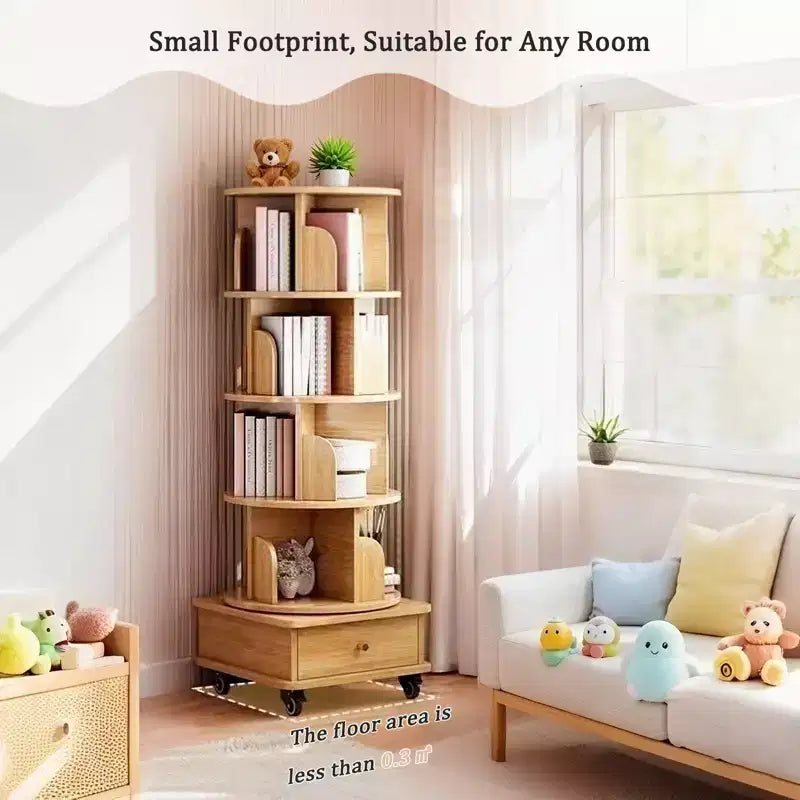Étagère à Livres Rotative à 360° à 5 Niveaux, Couleur Bois Structure Robuste, Gain de Place pour Petits Coins, pour Chambre/Salon/Bureau/Bureau à Domicile