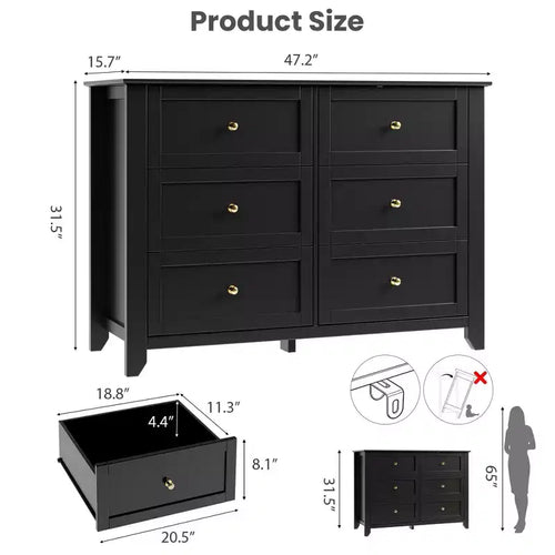 6 Drawer Dresser for Bedroom, 47W Wooden Chest of Drawers with Metal Knobs, Dresser TV Stand, Clothes Storage Organizer for Bedroom, Brown