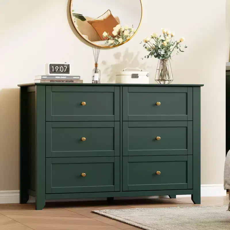 6 Drawer Dresser for Bedroom, 47W Wooden Chest of Drawers with Metal Knobs, Dresser TV Stand, Clothes Storage Organizer for Bedroom, Brown