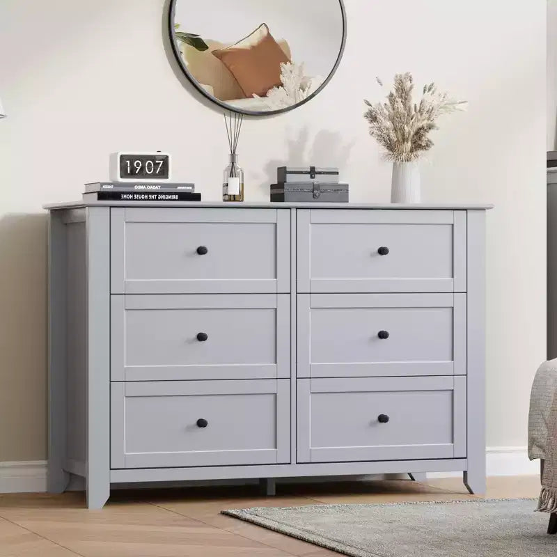 6 Drawer Dresser for Bedroom, 47W Wooden Chest of Drawers with Metal Knobs, Dresser TV Stand, Clothes Storage Organizer for Bedroom, Brown