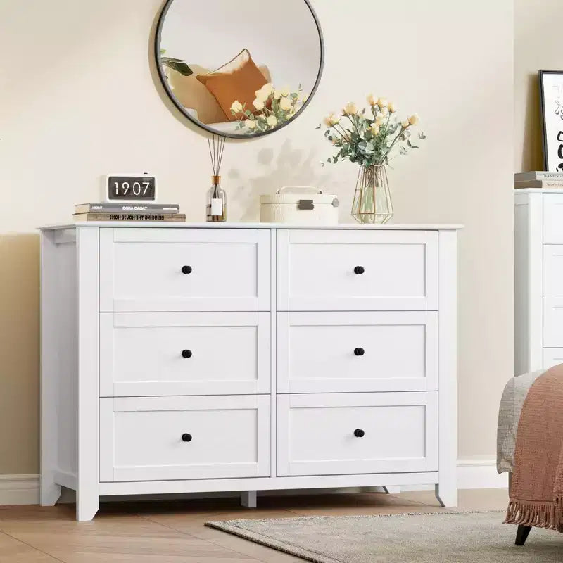 6 Drawer Dresser for Bedroom, 47W Wooden Chest of Drawers with Metal Knobs, Dresser TV Stand, Clothes Storage Organizer for Bedroom, Brown