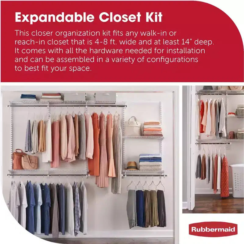 Kit d'organisation de placard DIY personnalisé Rubbermaid Configurations de 4 à 8 pieds, blanc