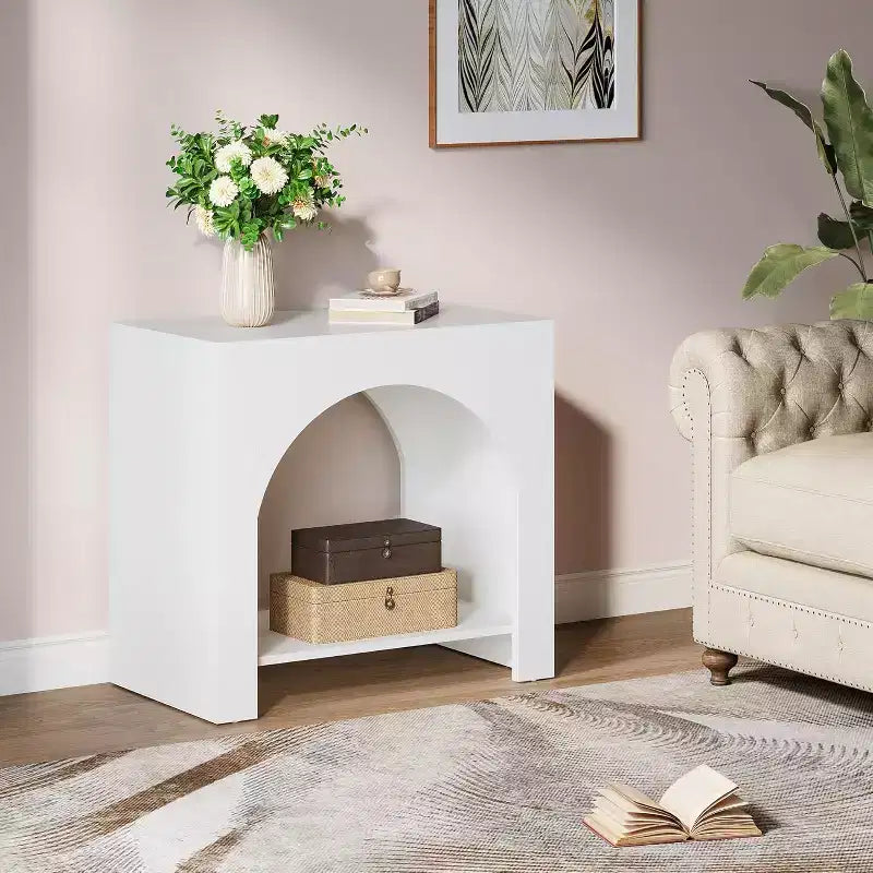 Table d'appoint Lantine Farmhouse : Grand piédestal en bois robuste, rangement, pour salon/chambre, meuble d'appoint, blanc.
