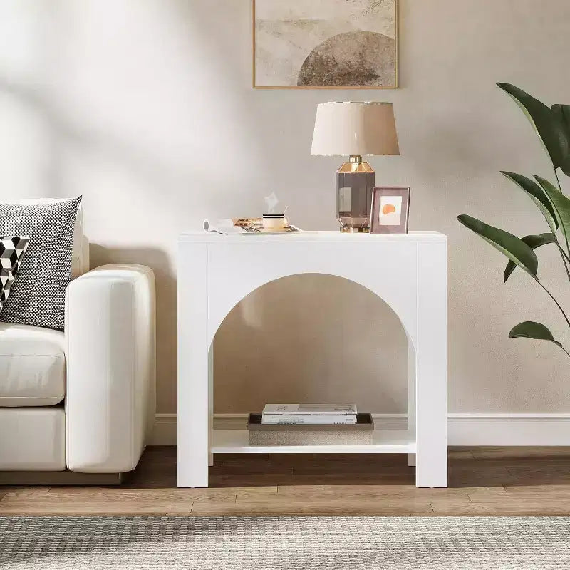 Table d'appoint Lantine Farmhouse : Grand piédestal en bois robuste, rangement, pour salon/chambre, meuble d'appoint, blanc.