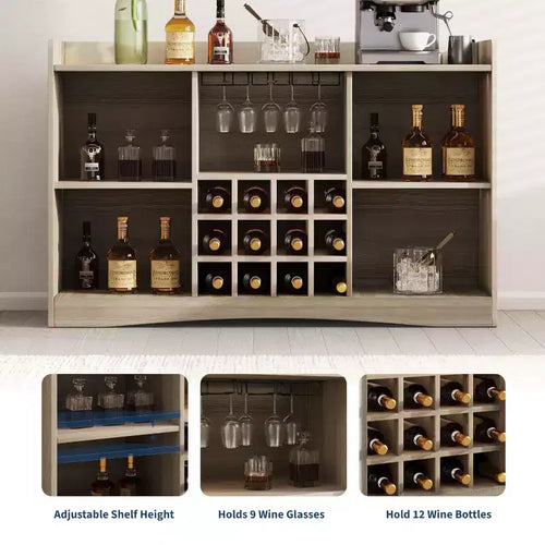 Meuble de bar à vin cannelé de 119 cm avec 9 porte-verres et 12 casiers à vin - Meuble de bar à liqueurs et à café avec rangement pour la maison - Grand buffet avec 2 portes