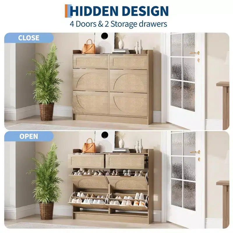 Meuble à Chaussures Acekool en Rotin Chêne Rustique avec 4 Abattants et 2 Tiroirs, Rangement de Chaussures Étroit et Discret pour Entrée et Couloir