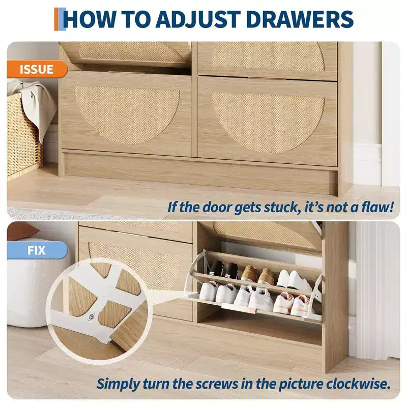 Meuble à Chaussures Acekool en Rotin Chêne Rustique avec 4 Abattants et 2 Tiroirs, Rangement de Chaussures Étroit et Discret pour Entrée et Couloir