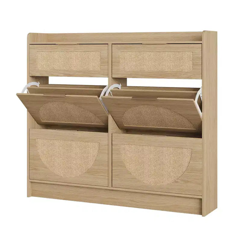 Meuble à Chaussures Acekool en Rotin Chêne Rustique avec 4 Abattants et 2 Tiroirs, Rangement de Chaussures Étroit et Discret pour Entrée et Couloir