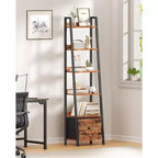 Étagère d'angle 6 niveaux Qwatto Brown avec tiroir, grande étagère industrielle en bois et métal, étagère de rangement autoportante, bibliothèque de présentation pour maison et bureau