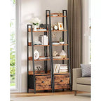 Étagère d'angle 6 niveaux Qwatto Brown avec tiroir, grande étagère industrielle en bois et métal, étagère de rangement autoportante, bibliothèque de présentation pour maison et bureau