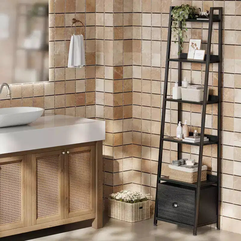 Étagère échelle 6 niveaux Qwatto Black avec tiroir, étagère de rangement industrielle haute en bois et métal, bibliothèque autoportante pour maison et bureau