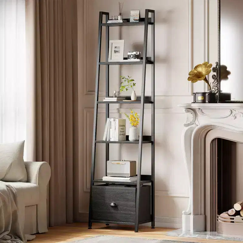 Étagère échelle 6 niveaux Qwatto Black avec tiroir, étagère de rangement industrielle haute en bois et métal, bibliothèque autoportante pour maison et bureau