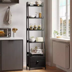 Étagère échelle 6 niveaux Qwatto Black avec tiroir, étagère de rangement industrielle haute en bois et métal, bibliothèque autoportante pour maison et bureau