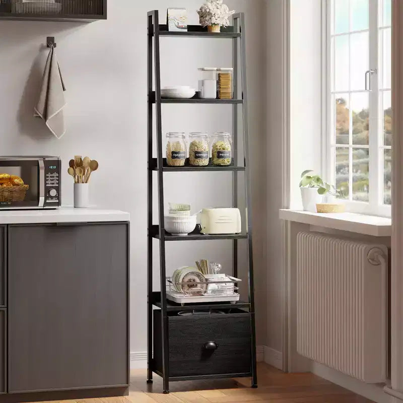 Étagère échelle 6 niveaux Qwatto Black avec tiroir, étagère de rangement industrielle haute en bois et métal, bibliothèque autoportante pour maison et bureau