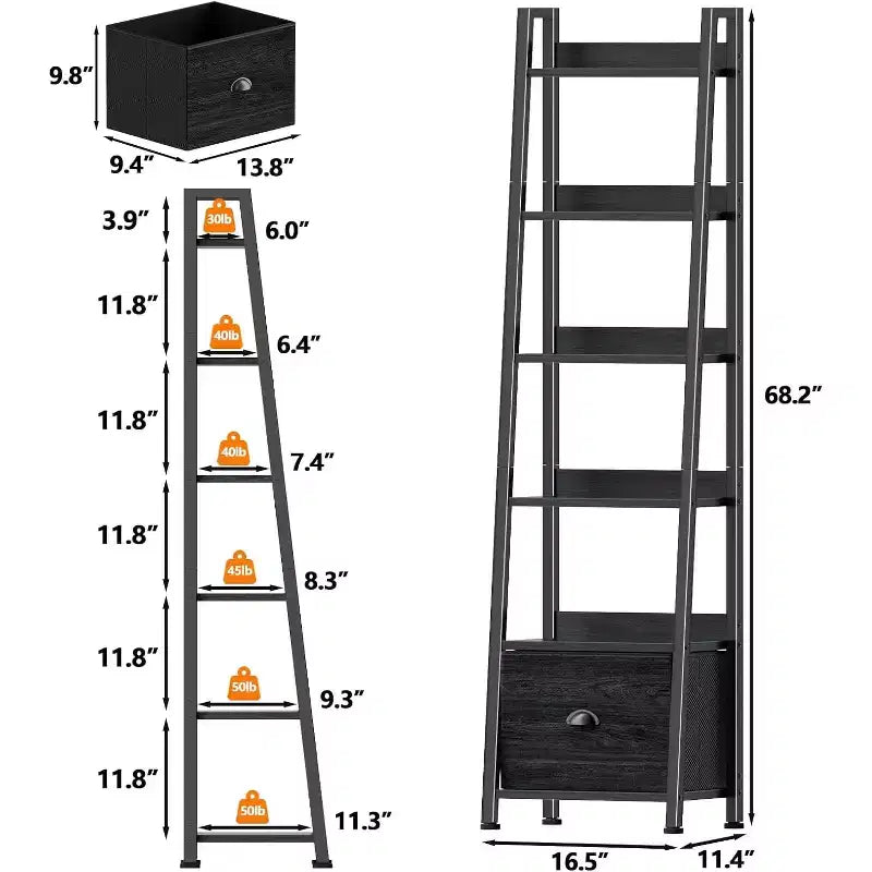 Étagère échelle 6 niveaux Qwatto Black avec tiroir, étagère de rangement industrielle haute en bois et métal, bibliothèque autoportante pour maison et bureau