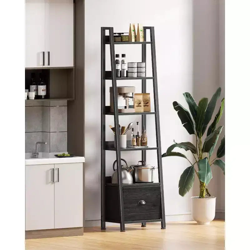 Étagère échelle 6 niveaux Qwatto Black avec tiroir, étagère de rangement industrielle haute en bois et métal, bibliothèque autoportante pour maison et bureau