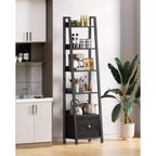 Étagère échelle 6 niveaux Qwatto Black avec tiroir, étagère de rangement industrielle haute en bois et métal, bibliothèque autoportante pour maison et bureau