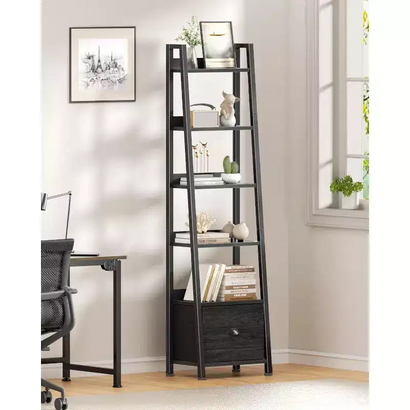 Étagère échelle 6 niveaux Qwatto Black avec tiroir, étagère de rangement industrielle haute en bois et métal, bibliothèque autoportante pour maison et bureau