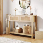 Table console pour canapé, table d'entrée à 2 tiroirs avec surface en bois, étagère ouverte, rangement derrière le canapé, dans l'entrée ou le couloir, naturelle