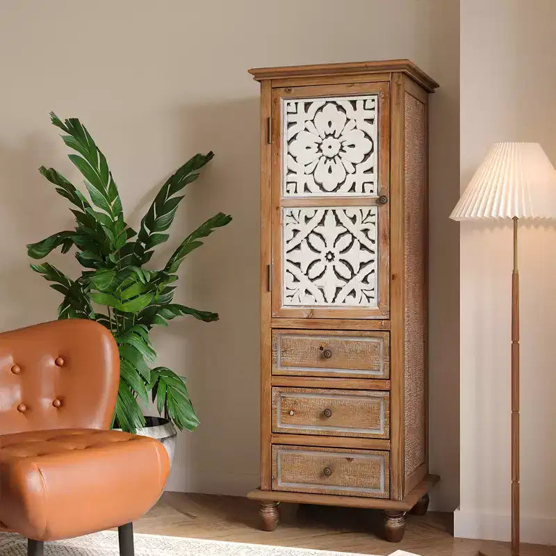 Meuble de rangement haut rustique GDFStudio Brielle avec porte à découpes florales et tiroirs