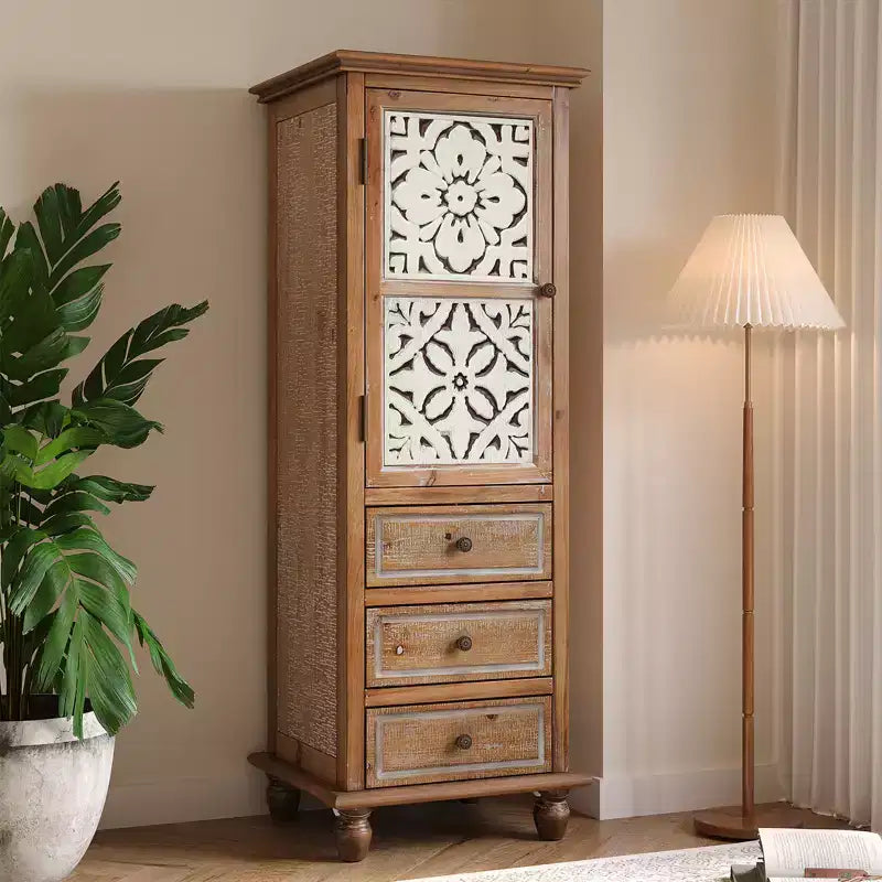 Meuble de rangement haut rustique GDFStudio Brielle avec porte à découpes florales et tiroirs
