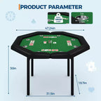 Table de poker pliante de 48 pouces, Table de jeu octogonale avec bords rembourrés, Porte-gobelets en acier inoxydable, Pieds repliables, 8 joueurs pour le Texas Hold'em