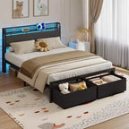 Cadre de lit plateforme Queen avec 2 tiroirs de rangement Tête de lit Lumières LED Station de recharge Métal Bois robuste Pas besoin de sommier Chambre d'amis USB